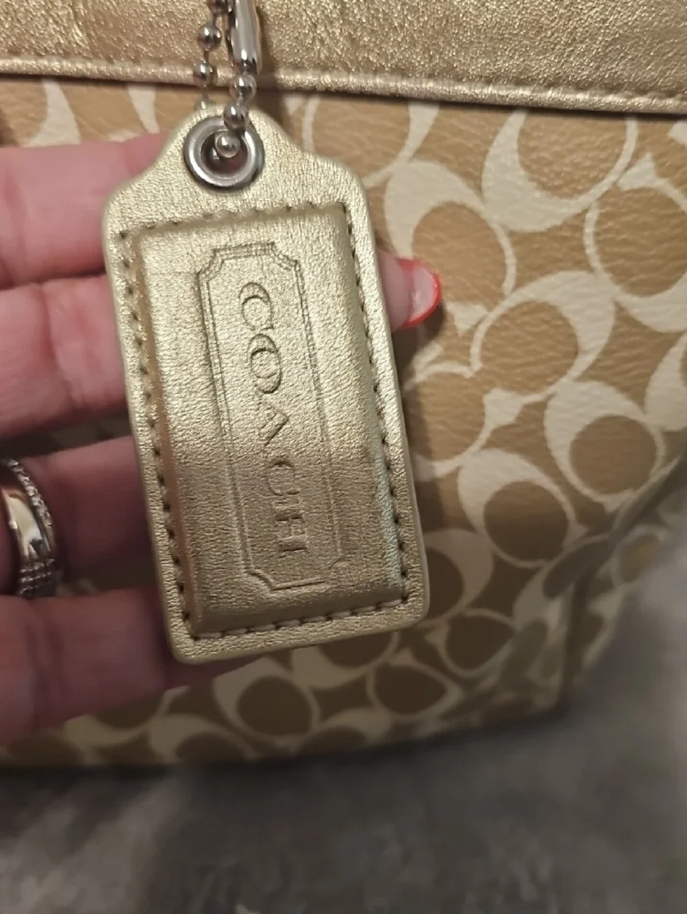Coach Beige and Gold Boston Signature Stripe Satchel